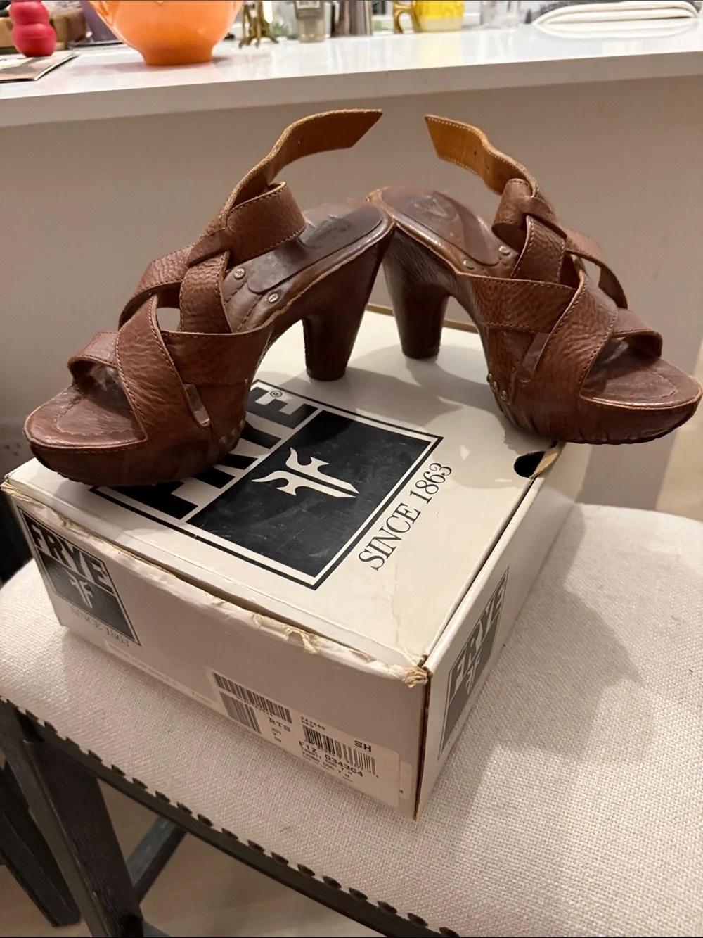 Frye Cognac Brown Leather Crisscross Wedge Sandals